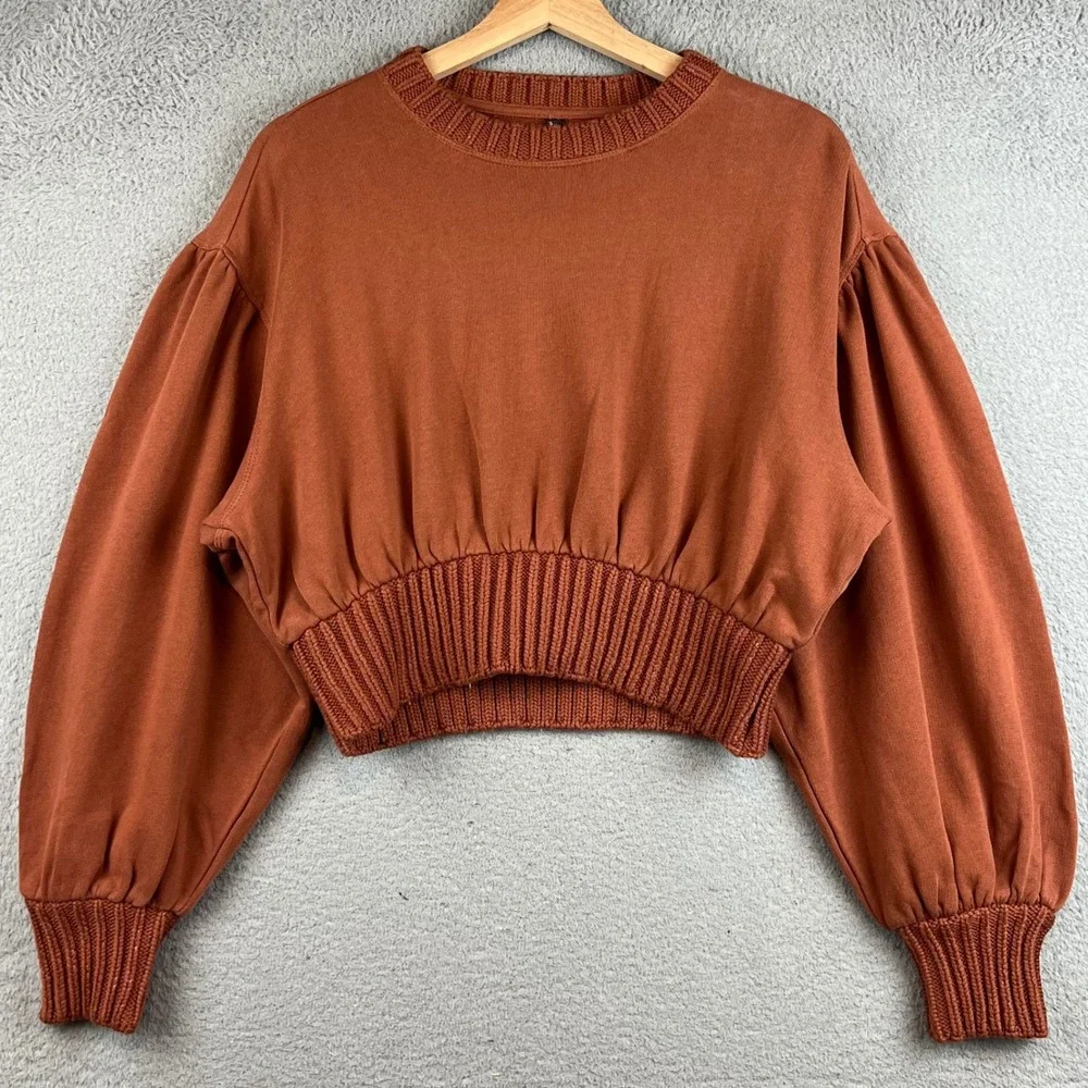 Anthropologie Womens XS Terracotta Orange Puff Sleeve Cropped Sweatshirt Cotton